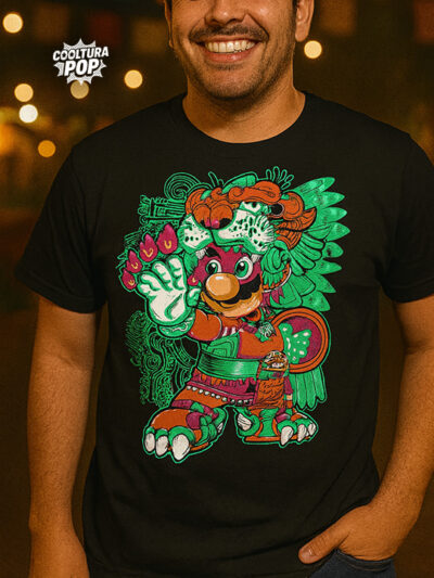 Playera Negra con Diseño de "Mario Azteca"  – Inspiración Cultura Pop Mexicana